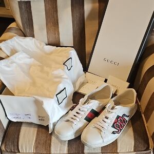 Gucci Ace White Sneakers with Red and Green Stripes Snake, With Box And Dust Bag